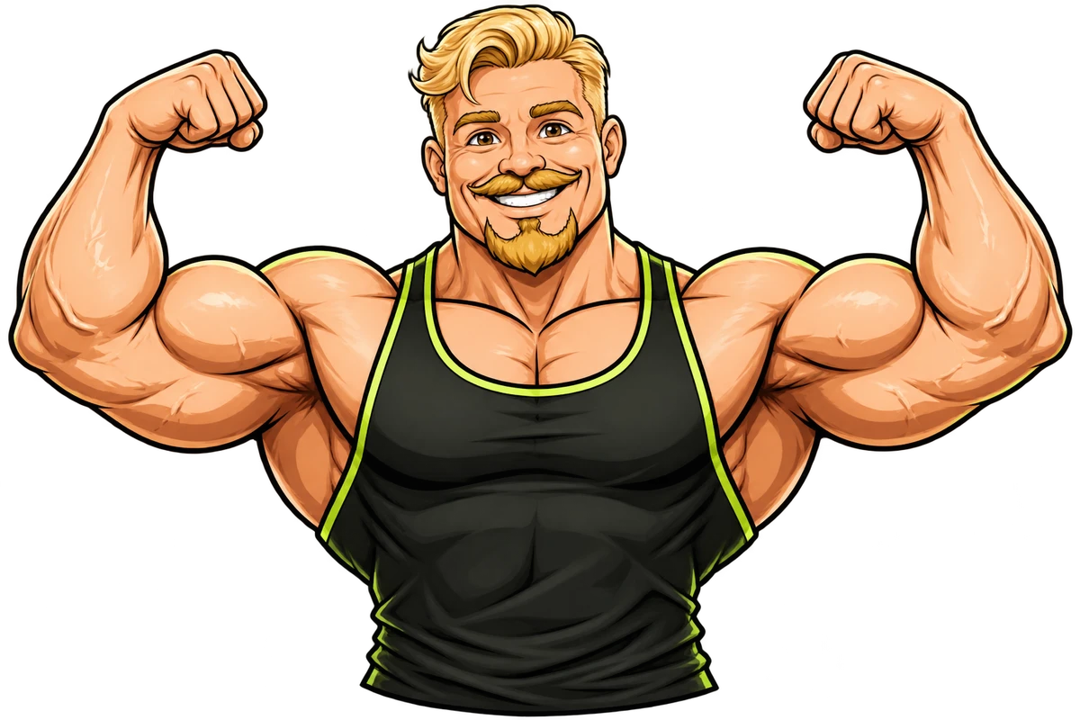 The smiling blond FlexDaily mascot flexing both arms, wearing a charcoal tank top with lime trim